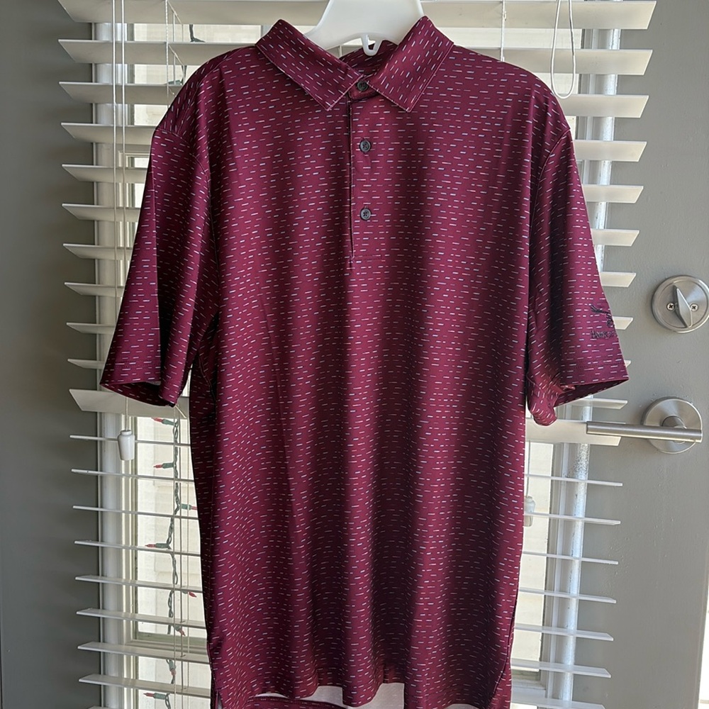 Gently worn men’s large, maroon polo with blue detailing.